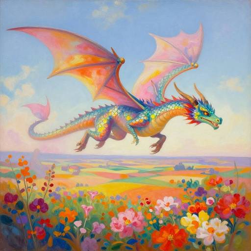 Vibrant digital painting of a colorful dragon with pink and orange wings soaring above a blooming flower field under a bright blue sky.