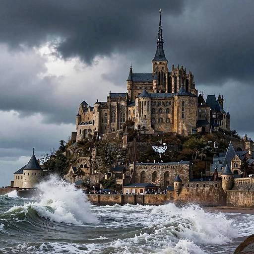 Photograph of a dramatic, stormy seascape with towering, gothic-style castle on rocky island, waves crashing against stone walls under dark, cloudy