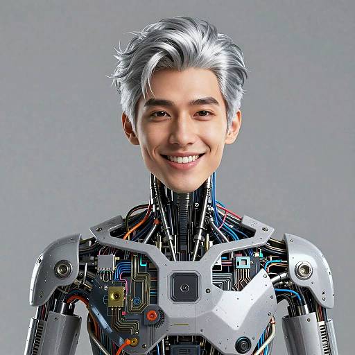 CGI image of a smiling young man with silver hair, robotic metallic chest and shoulders, visible circuitry and wires against a gray background.
