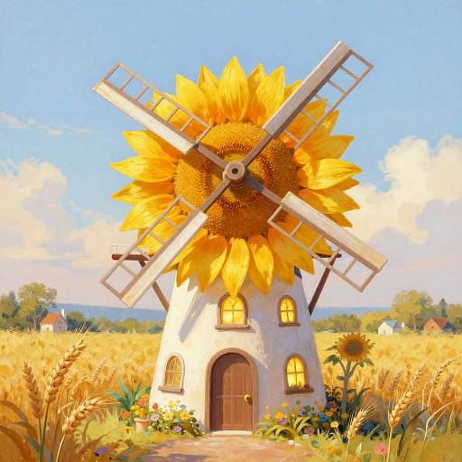 Digital art: Sunflower-themed windmill with yellow petals, white body, and wooden blades, set in a vibrant, sunny meadow with wildflowers
