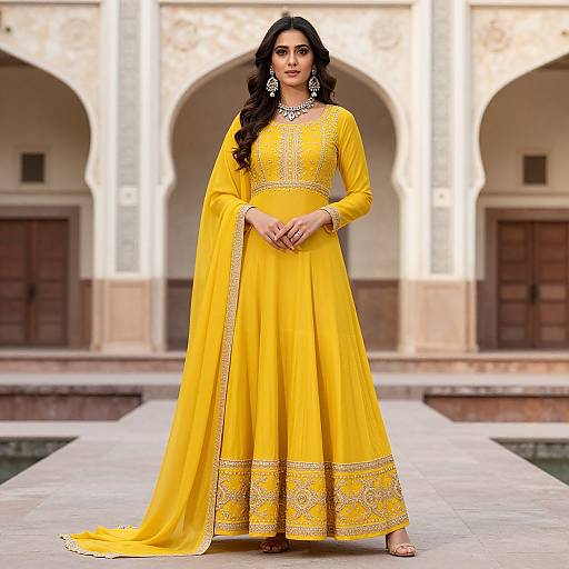 Photograph of a beautiful South Asian woman in a vibrant yellow traditional long-sleeve lehenga with gold embroidery, standing in an arched, stone