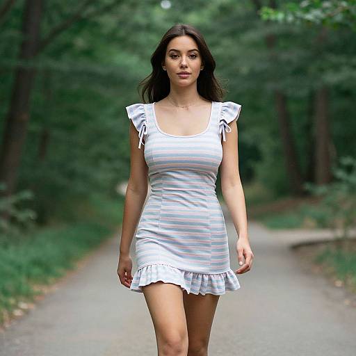 Photograph of a young woman with long dark hair, wearing a white, striped, short dress with ruffled sleeves and hem, walking down a forest