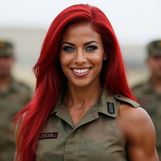 Photograph of a smiling woman with vivid red hair, wearing a camouflage military shirt, standing in front of two blurred military personnel.