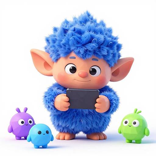 CGI image of a cute, blue-furred, spiky-haired goblin holding a black tablet, surrounded by three small, colorful creatures: purple