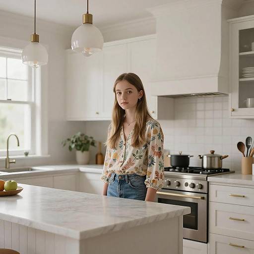 Photograph of a young woman with long brown hair, wearing a floral blouse and high-waisted jeans, standing in a bright, modern white kitchen