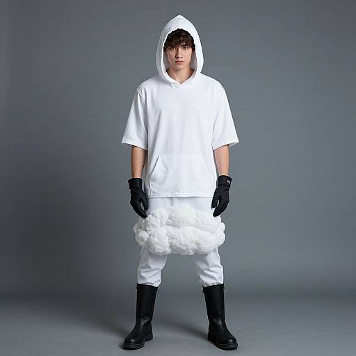 Photograph of a young man in a white hooded outfit, black gloves, and boots, with a cloud-like white fabric around his waist, standing