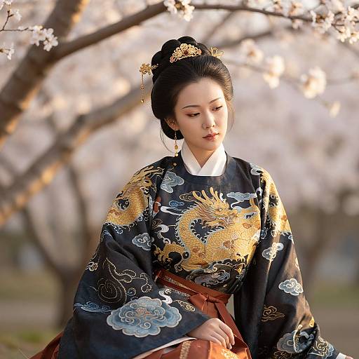 Photograph of an elegant East Asian woman with black hair in an intricate updo, wearing a detailed black kimono with gold and blue dragon patterns,