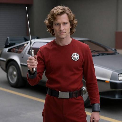 Man in Red Sci-Fi Uniform Holding Sonic Screwdriver