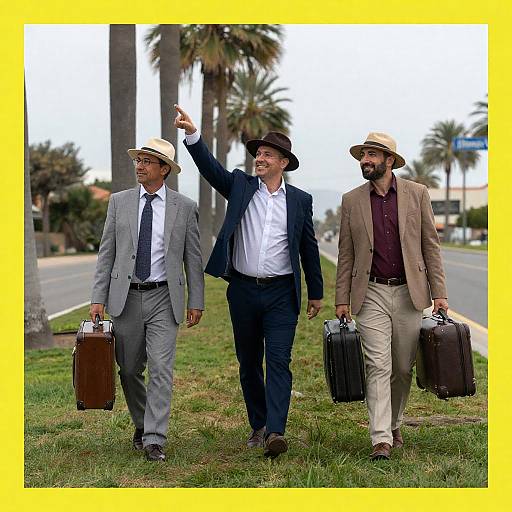 Three Men in Suits on Grassy Road