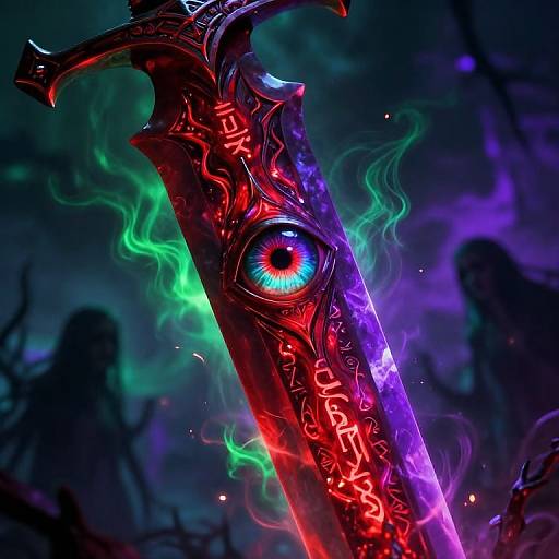 Digital fantasy artwork of a glowing, eye-adorned sword with neon red, purple, and green runes, set against a dark, mystical background.