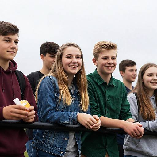 Group of Teenagers Leaning on Railing Smiling