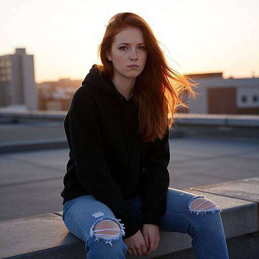 Redhead Woman on Rooftop at Sunset