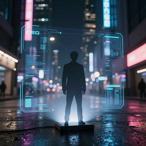 Cyberpunk city night scene, silhouetted male figure in suit stands on platform with glowing blue holographic interface, neon lights, wet pavement