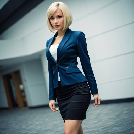 Young Businesswoman in Blue Blazer and Pencil Skirt