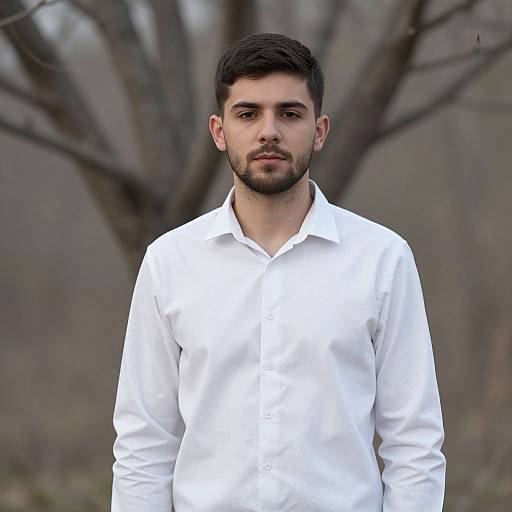 Photograph of a young man with short dark hair and beard, wearing a white button-up shirt, standing outdoors in front of a blurred, leafless