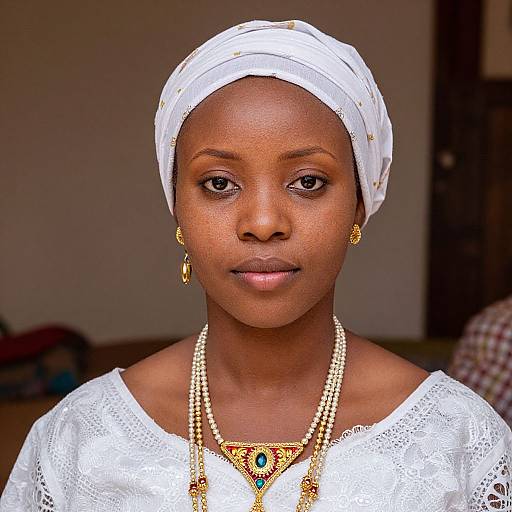 Photograph of a beautiful, dark-skinned African woman with a white headwrap, gold earrings, and intricate necklace, wearing a white lace top,