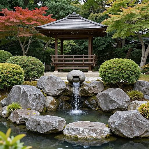 Photograph of a serene Japanese garden featuring a wooden pavilion, small waterfall, large rocks, lush greenery, and vibrant red and green trees.