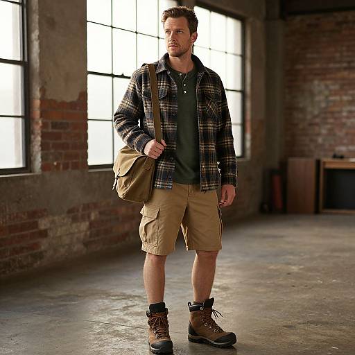 Photograph of a young Caucasian man with short brown hair, wearing a plaid jacket, green shirt, beige shorts, and brown boots, carrying a