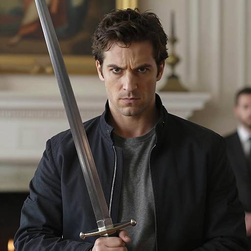 Intense Man with Sword and Elegant Background