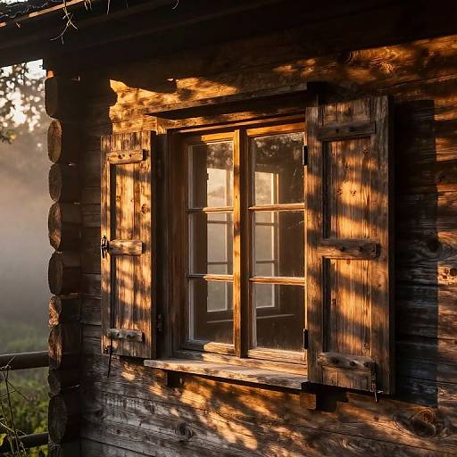 Photograph of a rustic wooden cabin window bathed in golden sunlight, casting dramatic shadows on weathered shutters and logs.