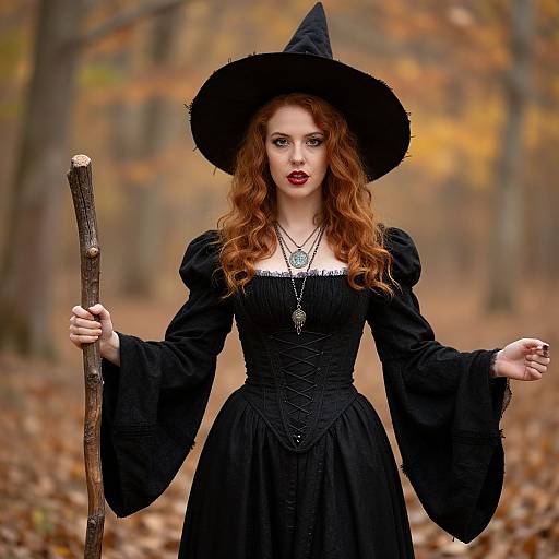 Photograph of a fair-skinned, red-haired witch in a black dress and hat, holding a wooden staff, standing in an autumn forest.