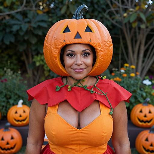 Photograph of a smiling woman in a pumpkin helmet, orange top with cleavage, red leaf collar, surrounded by carved pumpkins.