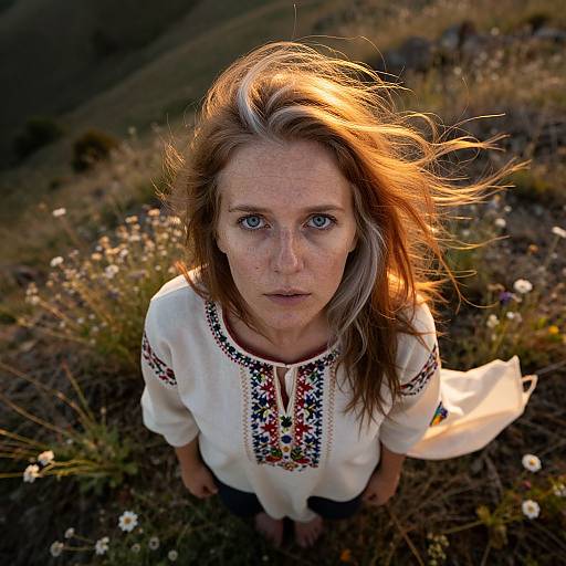 Photograph of a middle-aged woman with blue eyes and freckles, wearing a white embroidered blouse, standing in a sunlit, grassy field