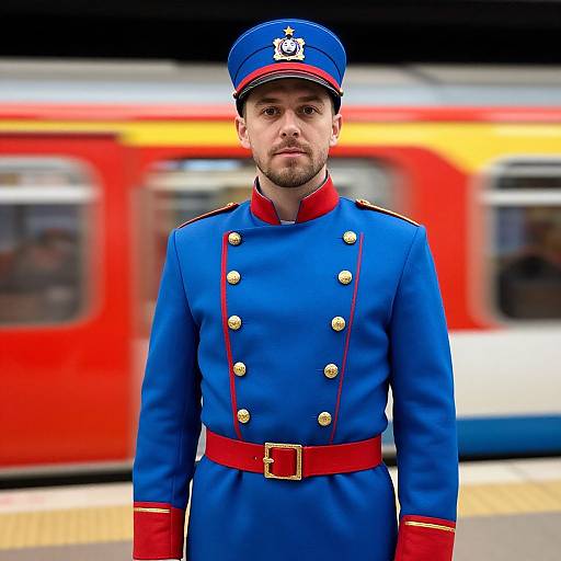 Man in Vibrant Thomas Train Conductor Outfit
