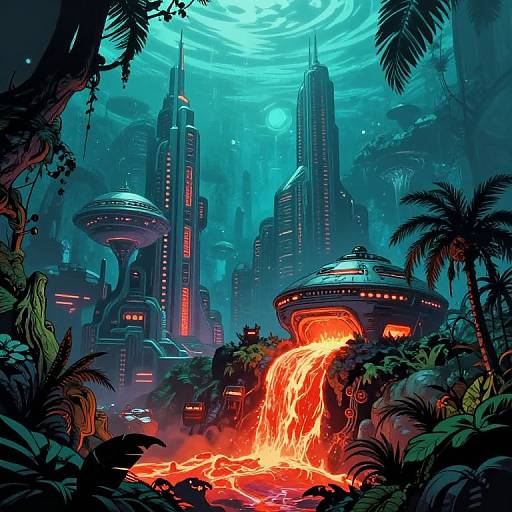 Digital artwork: Futuristic cityscape with towering skyscrapers, glowing red lava waterfall, and dense jungle foliage under a swirling blue sky.