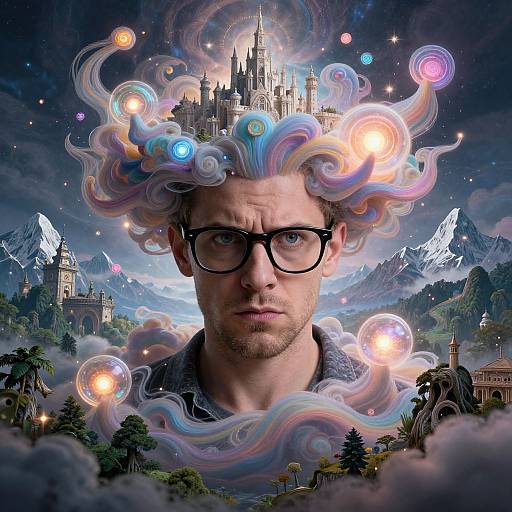 Photorealistic digital art of a serious, bespectacled man with pastel rainbow hair and floating bubbles, fantasy castle on his head, mountains