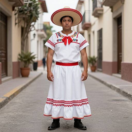 Photograph of a young Latino man in a white traditional Mexican dress with red embroidery, red sash, and wide-brimmed hat, standing on