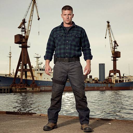 Photograph of a muscular Caucasian man with short brown hair, wearing a dark plaid shirt and black cargo pants, standing on a dock with industrial cr