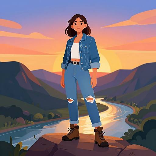 Digital art of a young woman with medium brown skin, black bob haircut, wearing a denim jacket, ripped blue jeans, white crop top, and brown