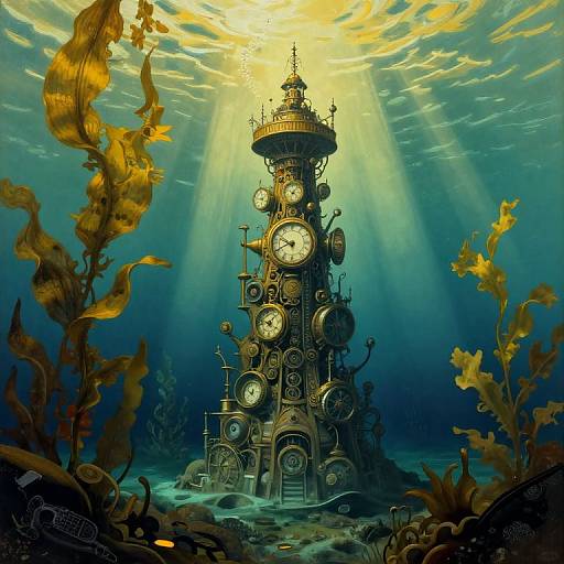 Digital art of a steampunk clock tower submerged underwater, surrounded by glowing seaweed and illuminated by rays of sunlight.