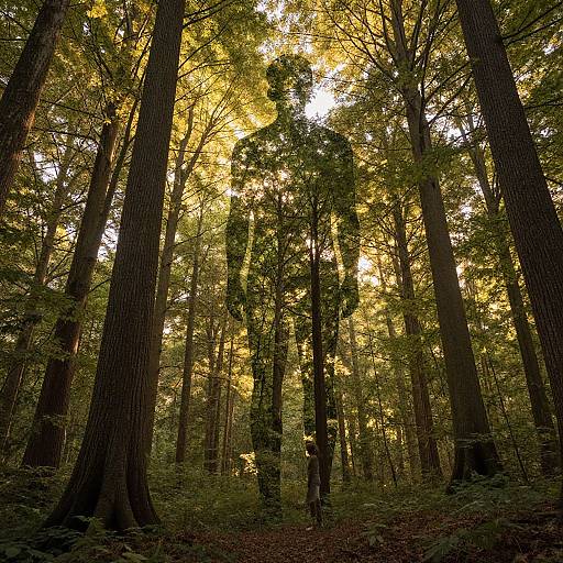 Photograph of a sunlit forest with tall, towering trees, their trunks dark brown, and leaves glowing golden yellow, casting dappled sunlight