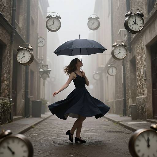 Photograph of a woman in a black dress and heels, holding an umbrella, dancing down a foggy, clock-lined, cobblestone alley.
