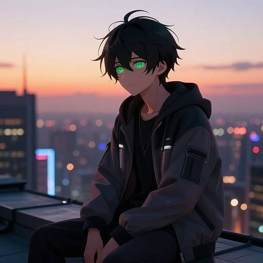 Anime-style digital drawing of a black-haired, green-eyed boy in a dark hoodie, sitting on a rooftop at sunset, with a cityscape of blurred