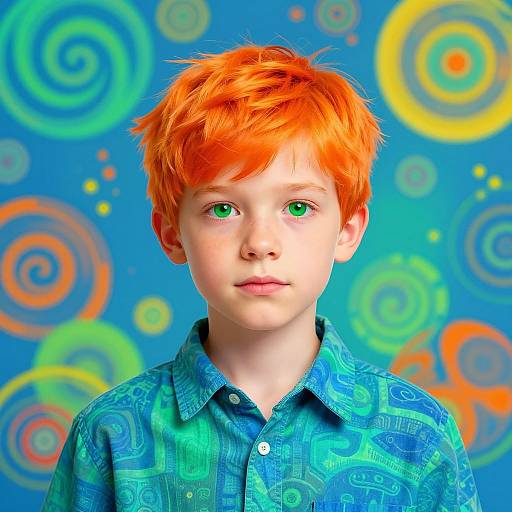 Photograph of a young boy with bright orange hair, green eyes, wearing a blue patterned shirt, against a colorful, circular-patterned blue background