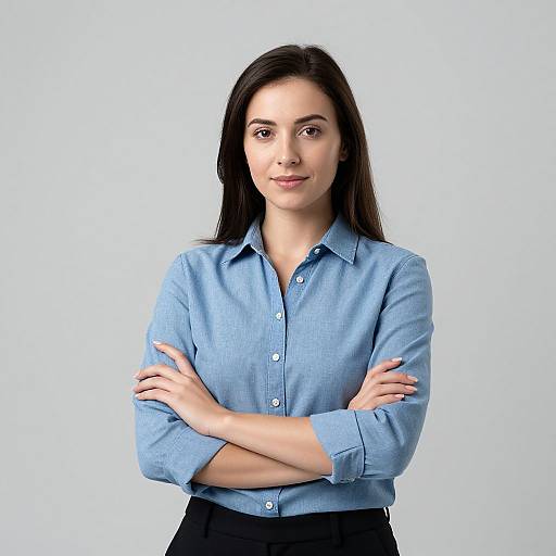 Photograph of a young woman with long dark hair, light skin, wearing a blue button-up shirt and black pants, standing with arms crossed, smiling