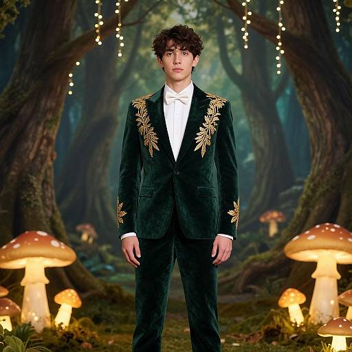 Photograph of a young man with curly brown hair in a dark green velvet suit with gold embroidery, standing in a magical forest with glowing mushrooms and fairy