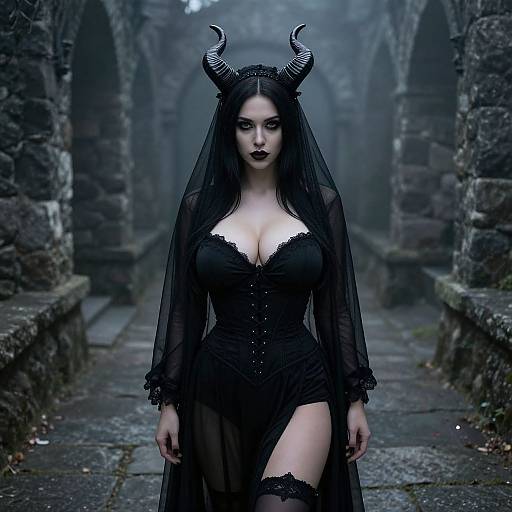 Photograph of a pale, dark-haired woman in a black, sheer, corset dress with horned headpiece, standing in a misty,