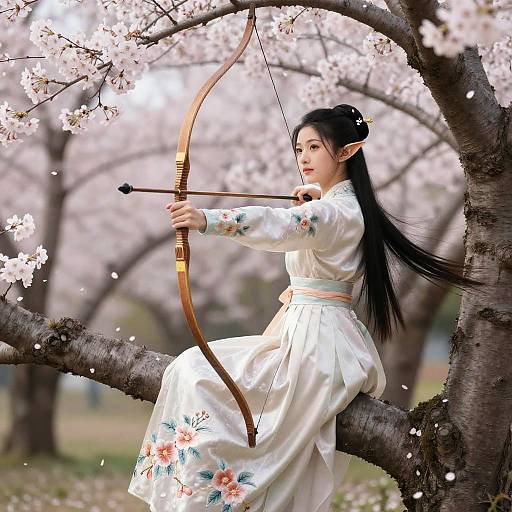 Photograph of an Asian woman with long black hair, wearing a white floral kimono, arching a bow from a cherry blossom tree.