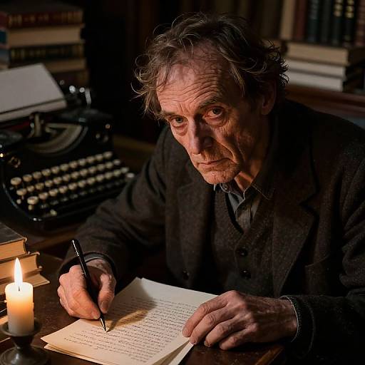 Photograph of an older man with wrinkled skin, dark hair, in a black suit, writing by candlelight in a dimly lit library,