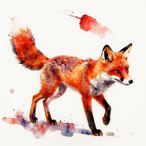 Digital watercolor painting of a red fox with vibrant orange, black, and white fur, standing and walking on a white background with red and blue water