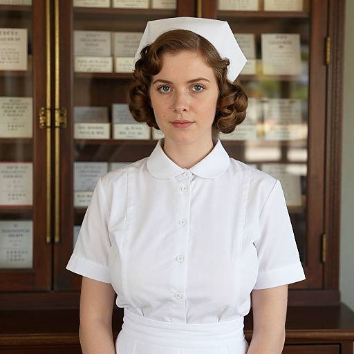 Photograph of a young, fair-skinned woman with curly brown hair, wearing a white nurse uniform and cap, standing in front of a wooden-fr