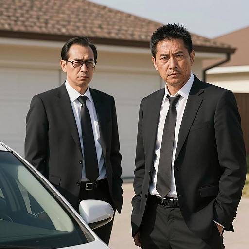 Two men in black suits standing outdoors