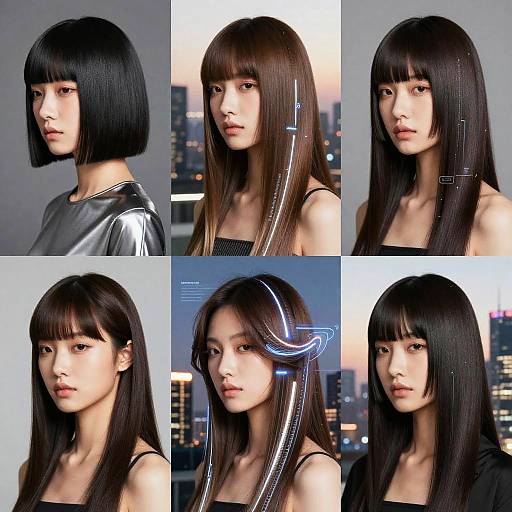Photographic collage of six East Asian women with long, straight black hair in various styles, set against urban cityscape backgrounds.