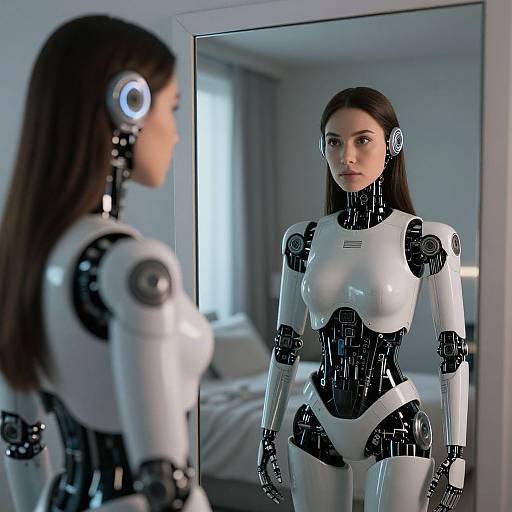 Photorealistic CGI of a sleek, white and black humanoid robot with long brown hair, reflecting in a mirror in a minimalist bedroom.