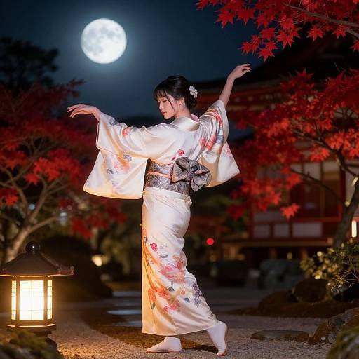 Photograph of a Japanese woman in a floral kimono, dancing under a full moon, surrounded by red maple trees, illuminated lantern.