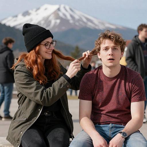 Photograph of a red-haired woman in a black beanie and jacket playfully pulling a red-haired man's hair, both sitting outdoors with a snowy